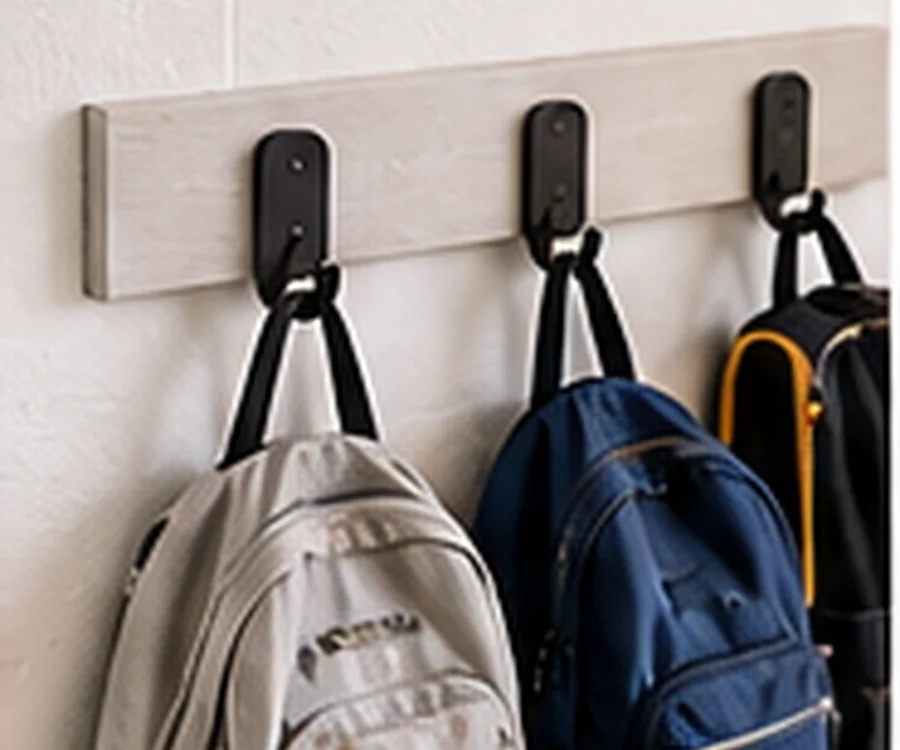 Wall hooks holding school backpacks