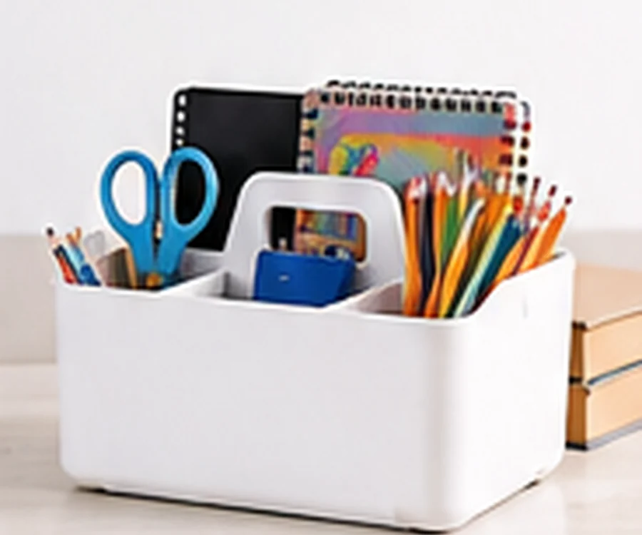 A portable homework supplies caddy with pencils and stationery