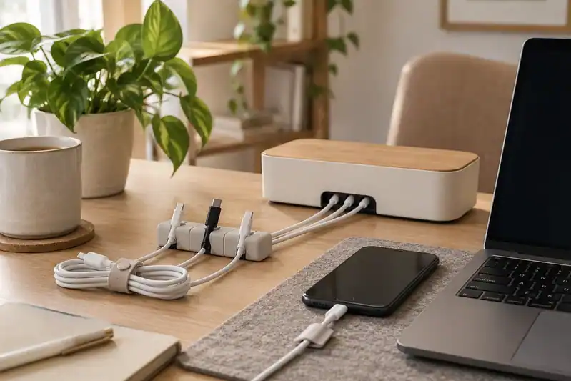 generic cable clips organising a few desk charging cables