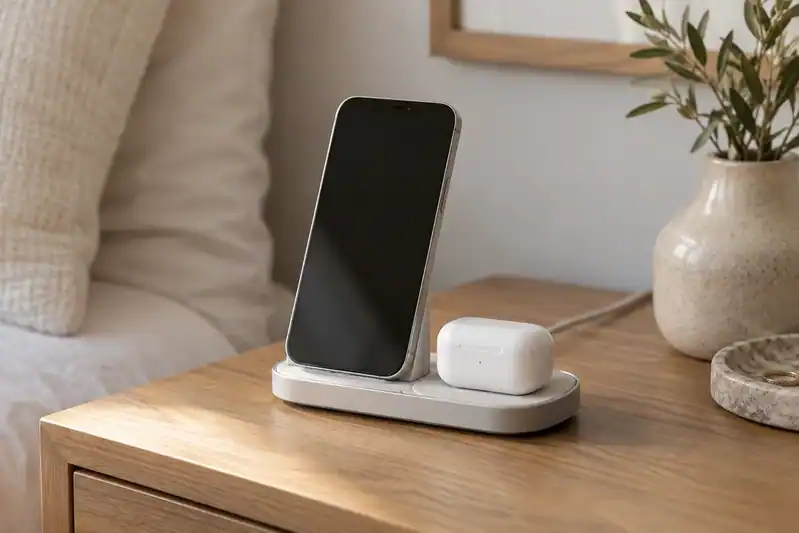 a generic desktop charging stand with a phone and neatly arranged charging cable