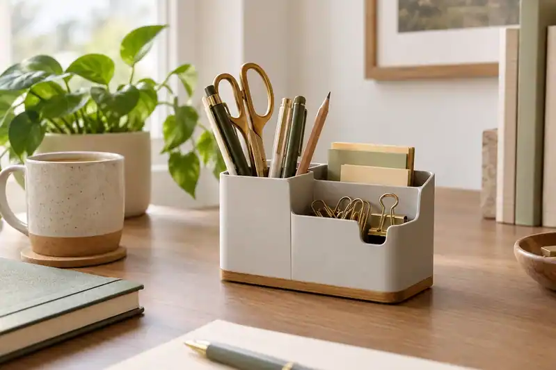 an unbranded desktop organiser holding a few pens and paper clips