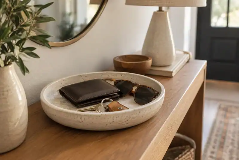 a small entryway catch-all tray containing a set of keys