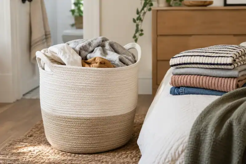 a simple unbranded laundry basket beside a few folded clothes