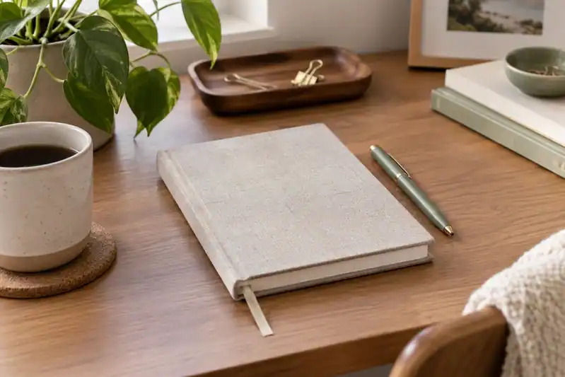 an unbranded paper notebook with a pen
