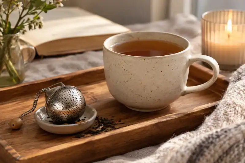 a simple tea infuser and cup on a wooden tray