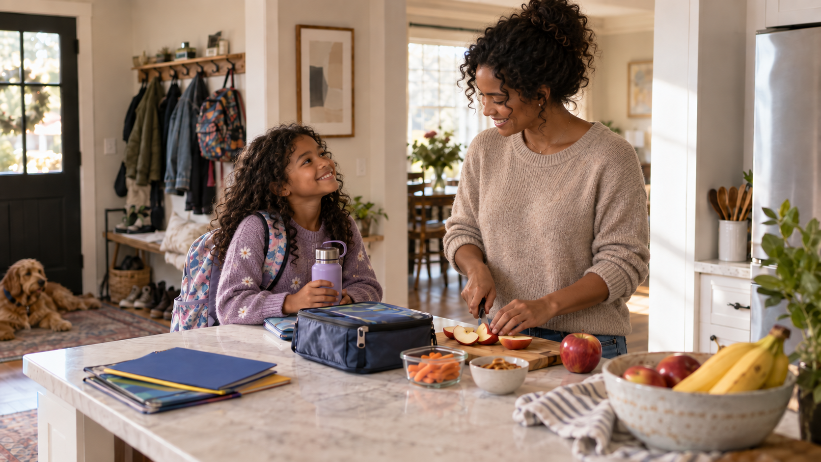 Mother preparing an after-school snack for her daughter during a five-minute parent reset, with school bags and lunchboxes on the kitchen counter.